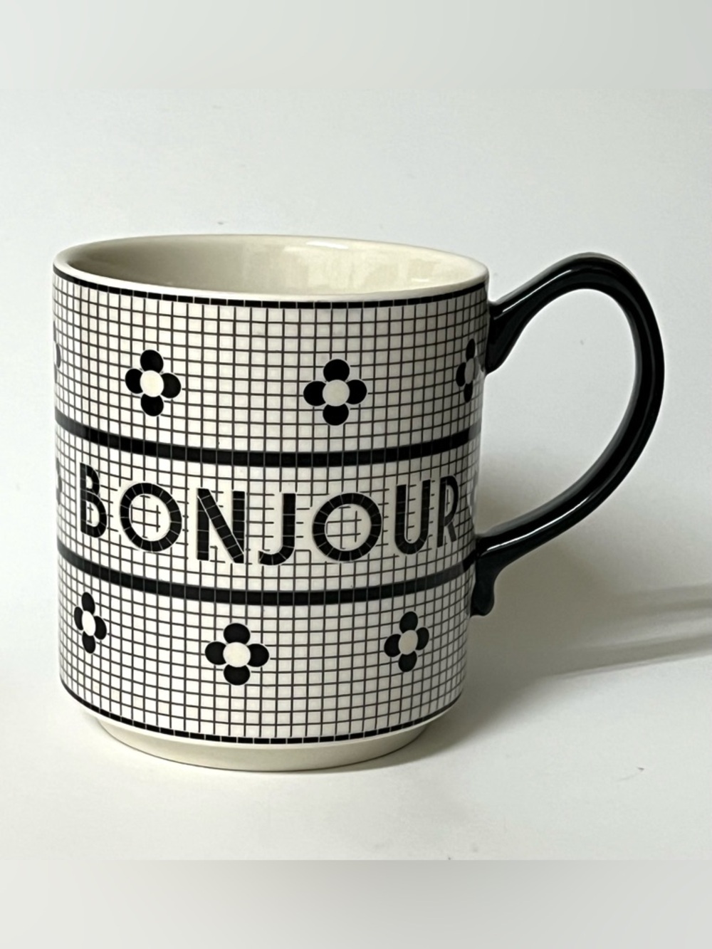 Anthropologie Bistro Tile Bonjour Black & White Coffee Tea Stoneware Mug 4 in